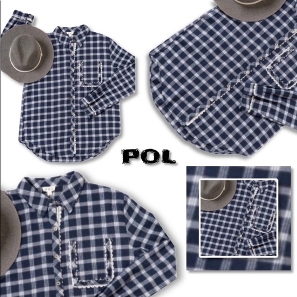 #3600 POL Comfy Navy Plaid Top With Crochet Lace - Picture 13 of 16